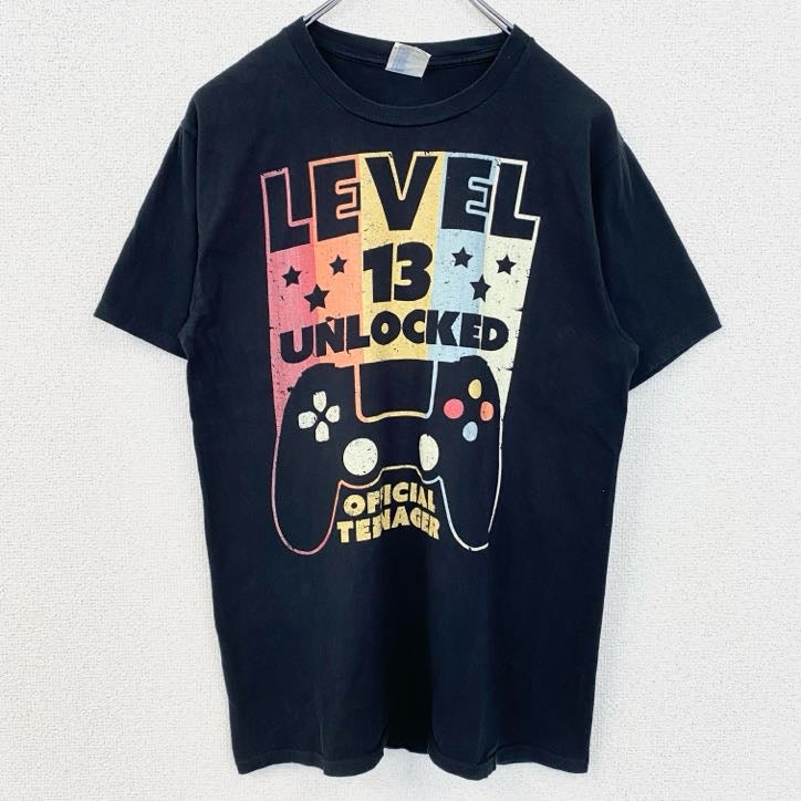 古着 used　PORT&COMPANY　半袖ビッグプリントTシャツ　ゲーム　ゲーマー　レベル13　ロック解除　黒　Sサイズ