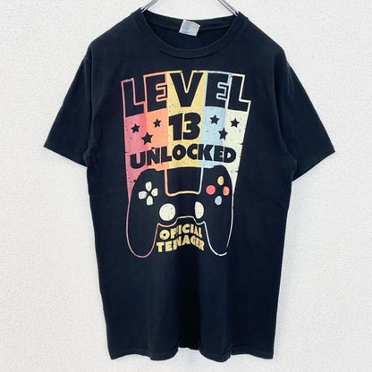 古着 used　PORT&COMPANY　半袖ビッグプリントTシャツ　ゲーム　ゲーマー　レベル13　ロック解除　黒　Sサイズ