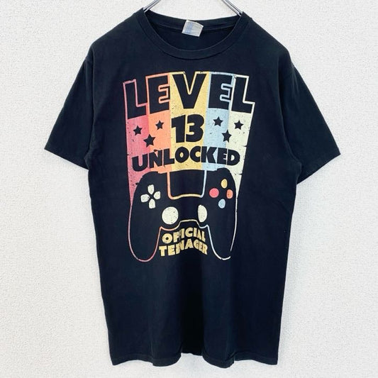 古着 used　PORT&COMPANY　半袖ビッグプリントTシャツ　ゲーム　ゲーマー　レベル13　ロック解除　黒　Sサイズ