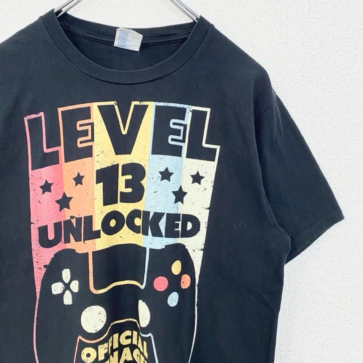 古着 used　PORT&COMPANY　半袖ビッグプリントTシャツ　ゲーム　ゲーマー　レベル13　ロック解除　黒　Sサイズ
