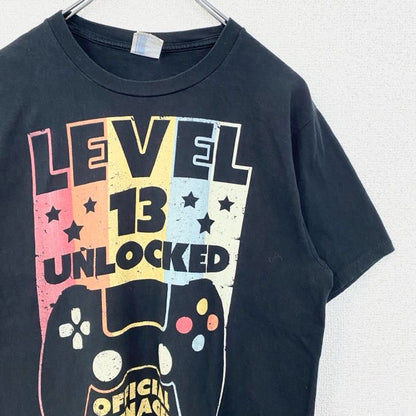 古着 used　PORT&COMPANY　半袖ビッグプリントTシャツ　ゲーム　ゲーマー　レベル13　ロック解除　黒　Sサイズ