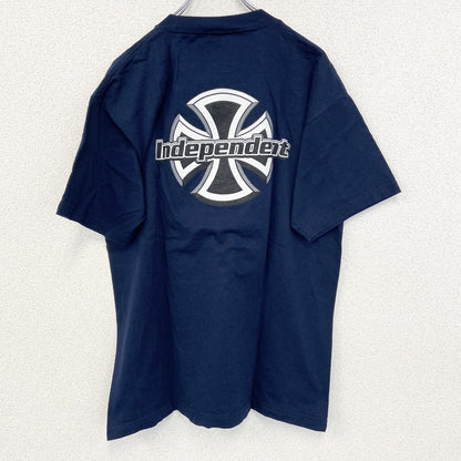 古着 used　NHS　半袖プリントＴシャツ　independent　カジュアルデザイン　クルーネック　レトロ　ネイビー　Lサイズ