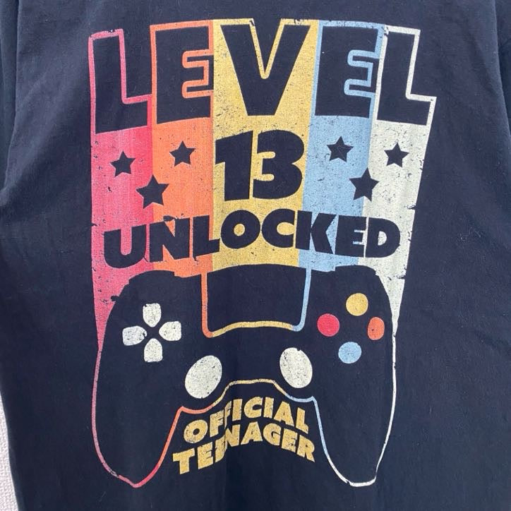 古着 used　PORT&COMPANY　半袖ビッグプリントTシャツ　ゲーム　ゲーマー　レベル13　ロック解除　黒　Sサイズ