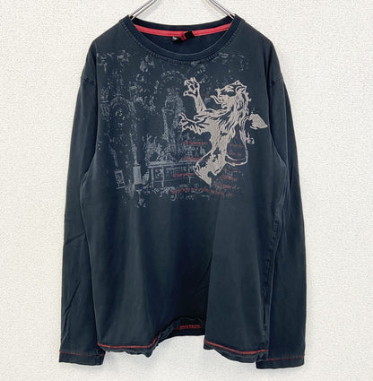 古着 used　MUSH MORE　長袖プリントＴシャツ　ビッグＴ　ライオン　Y2K　クルーネック　レトロ　黒　XXLサイズ