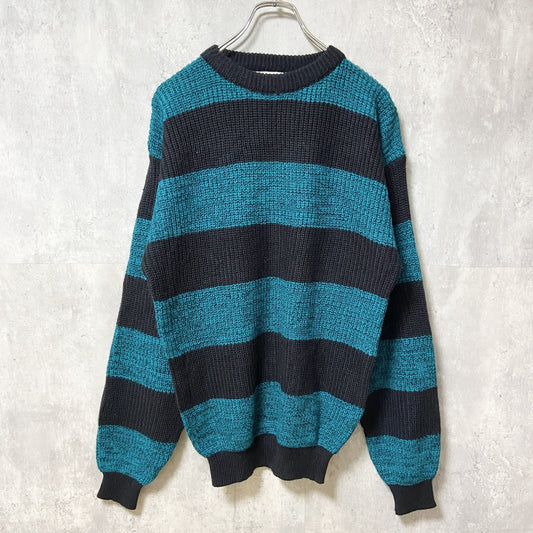 ～90s　SWEATER GRAPHIX　アクリルボーダーニット/セーター　ヴィンテージ　水色　黒　Mサイズ