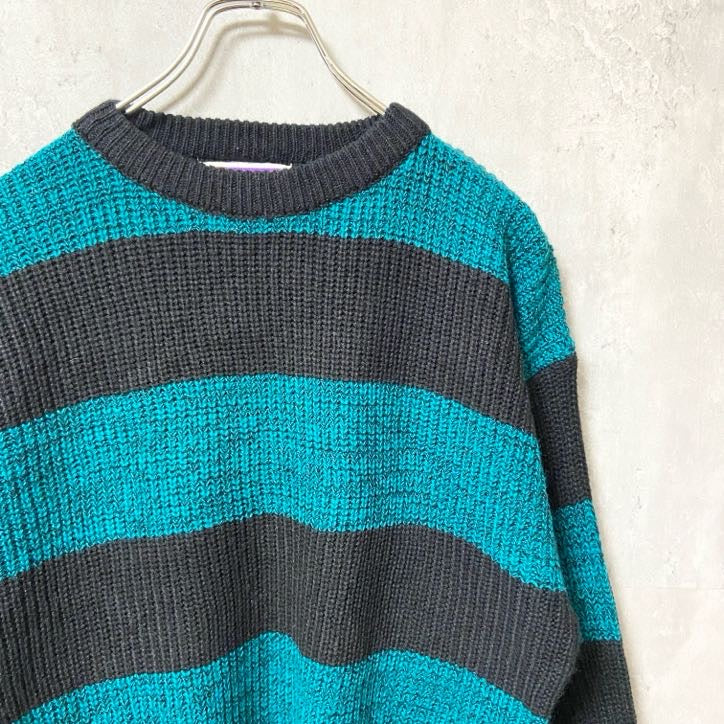 ～90s　SWEATER GRAPHIX　アクリルボーダーニット/セーター　ヴィンテージ　水色　黒　Mサイズ