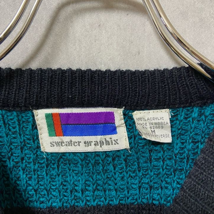 ～90s　SWEATER GRAPHIX　アクリルボーダーニット/セーター　ヴィンテージ　水色　黒　Mサイズ