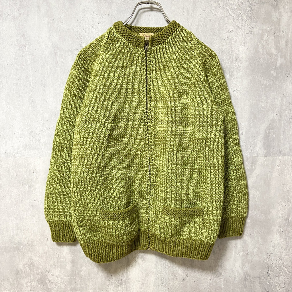 ～70s　Mary McCully　カウチンニットカーディガン　フルジップ　アウター　緑　秋冬服