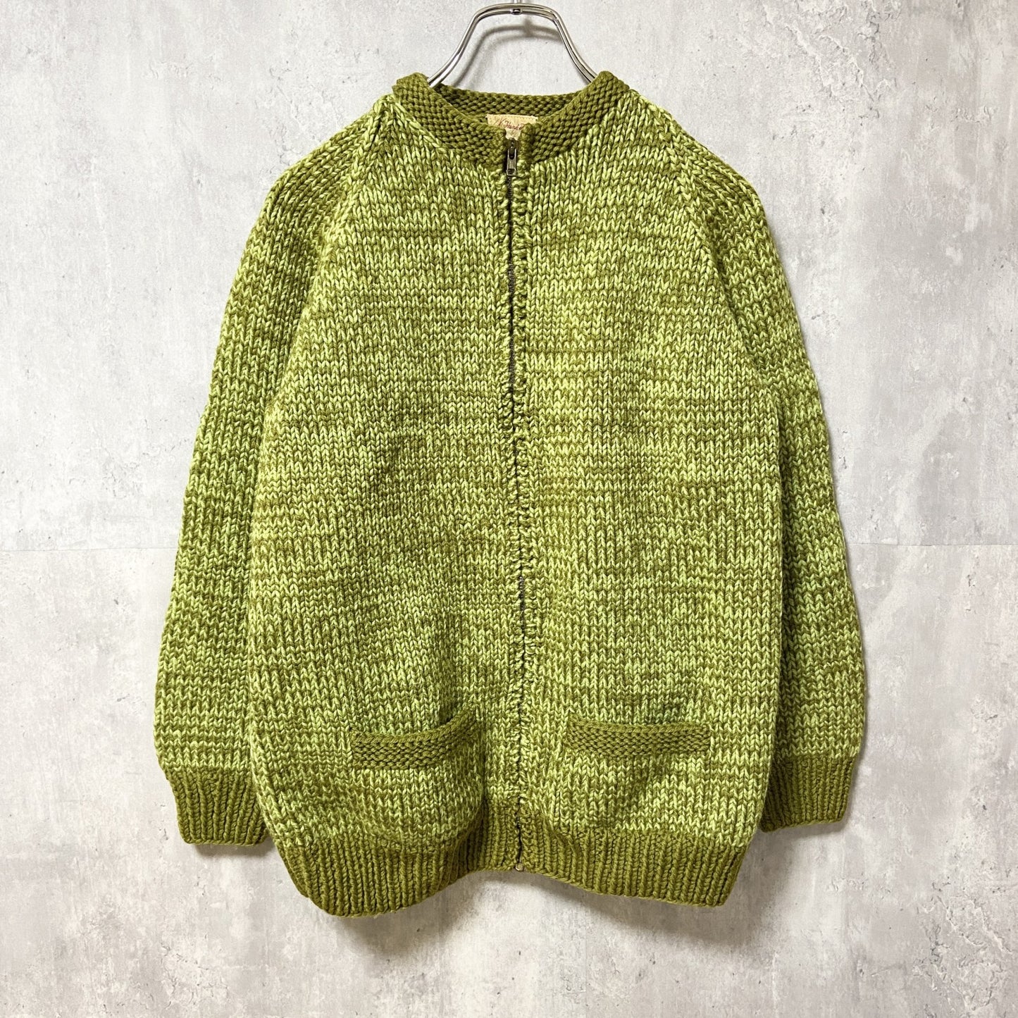 ～70s　Mary McCully　カウチンニットカーディガン　フルジップ　アウター　緑　秋冬服