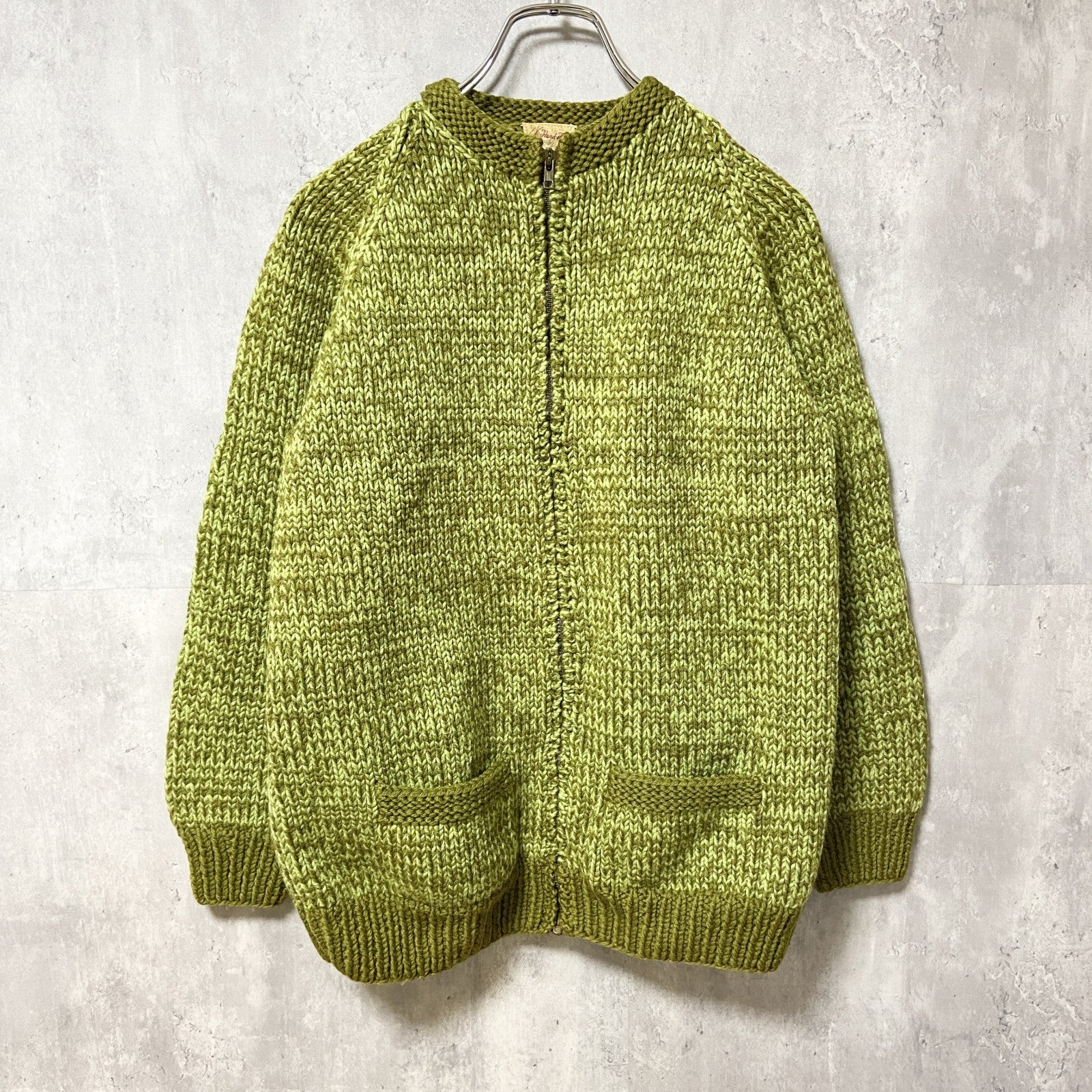 ～70s　Mary McCully　カウチンニットカーディガン　フルジップ　アウター　緑　秋冬服