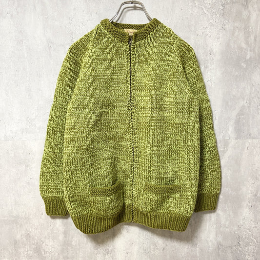 ～70s　Mary McCully　カウチンニットカーディガン　フルジップ　アウター　緑　秋冬服