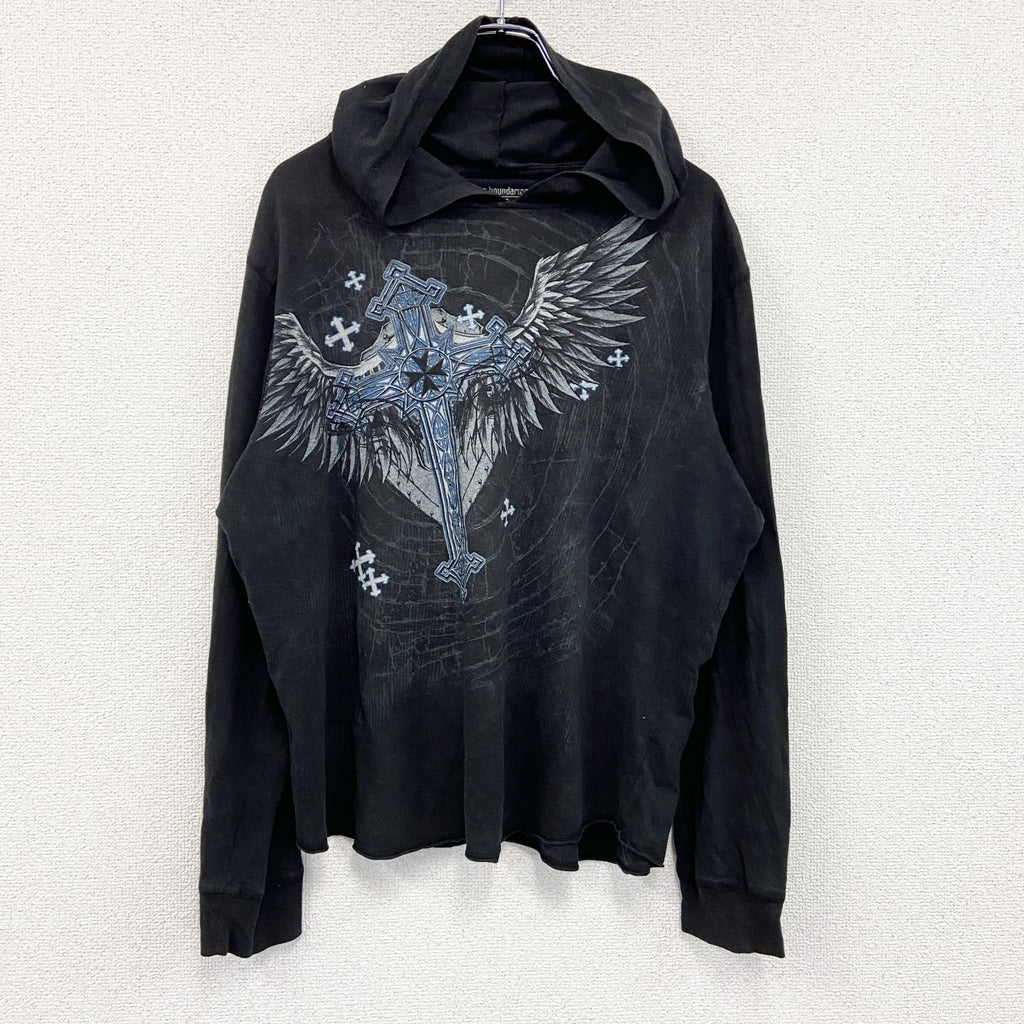 no broundaries　フード付き長袖Tシャツ/ロンT　ロザリオ　黒　ブラック　Lサイズ