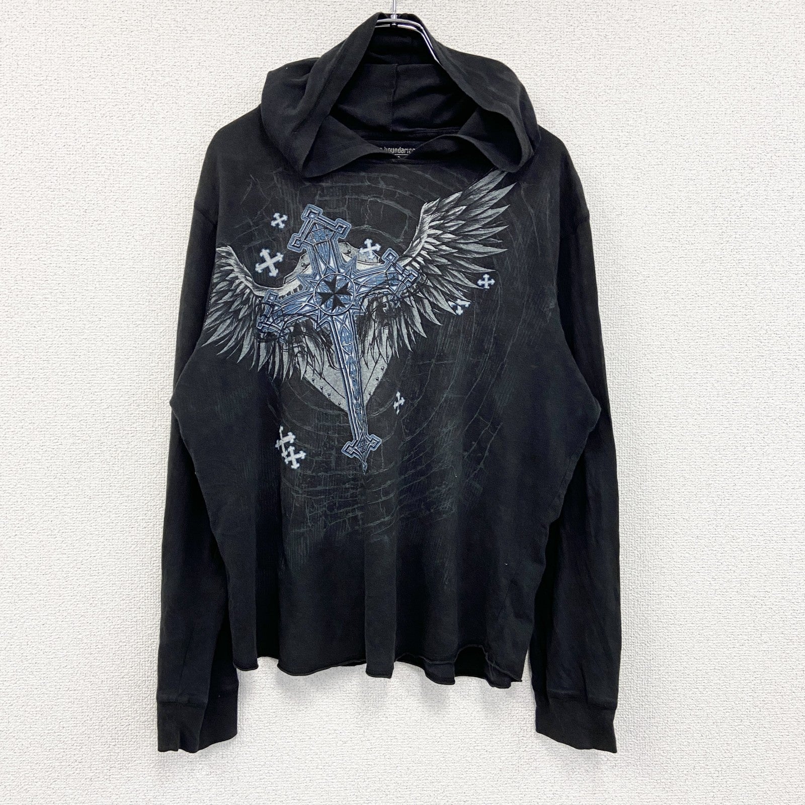 no broundaries　フード付き長袖Tシャツ/ロンT　ロザリオ　黒　ブラック　Lサイズ