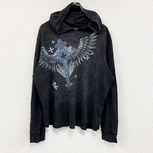 no broundaries　フード付き長袖Tシャツ/ロンT　ロザリオ　黒　ブラック　Lサイズ