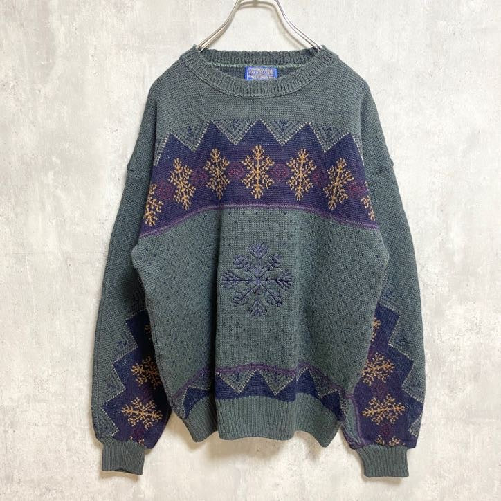 古着 used　70s　PENDLETON ペンドルトン　長袖ノルディック柄ニット　セーター　雪刺繍　ヴィンテージ　Lサイズ
