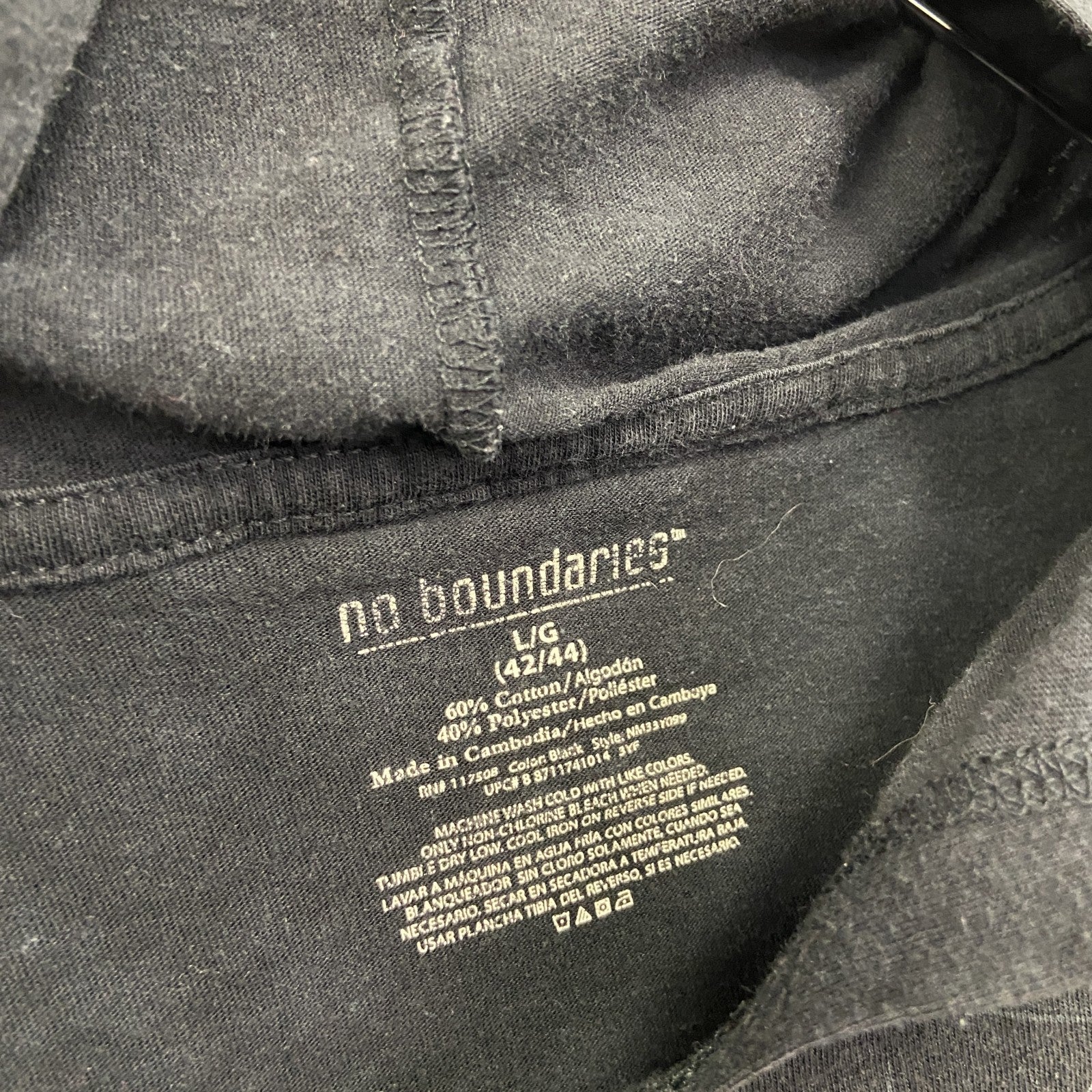 no broundaries　フード付き長袖Tシャツ/ロンT　ロザリオ　黒　ブラック　Lサイズ