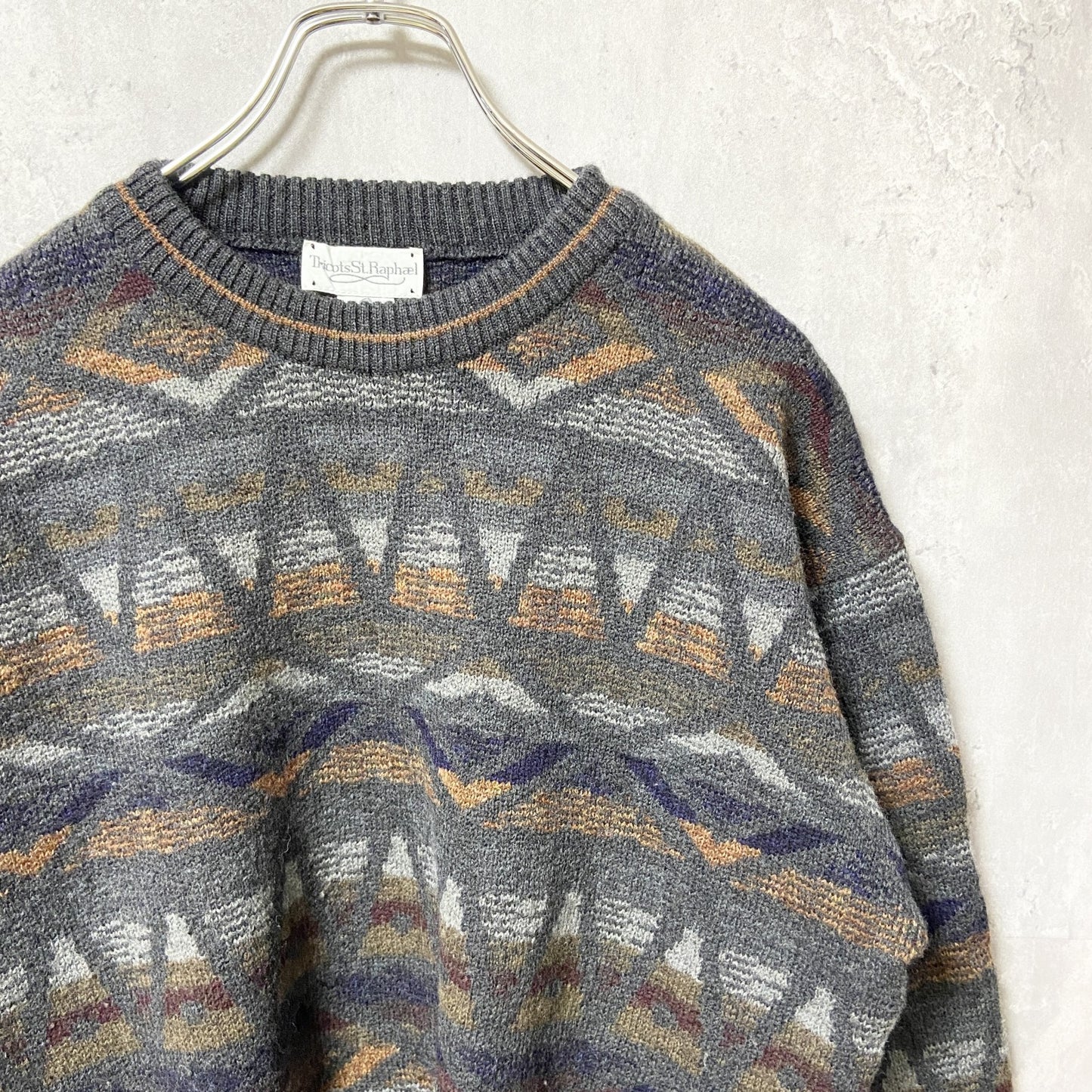 ～90s　Tricots St Raphael 　ウールニットセーター　総柄　ヴィンテージ　グレー　Lサイズ