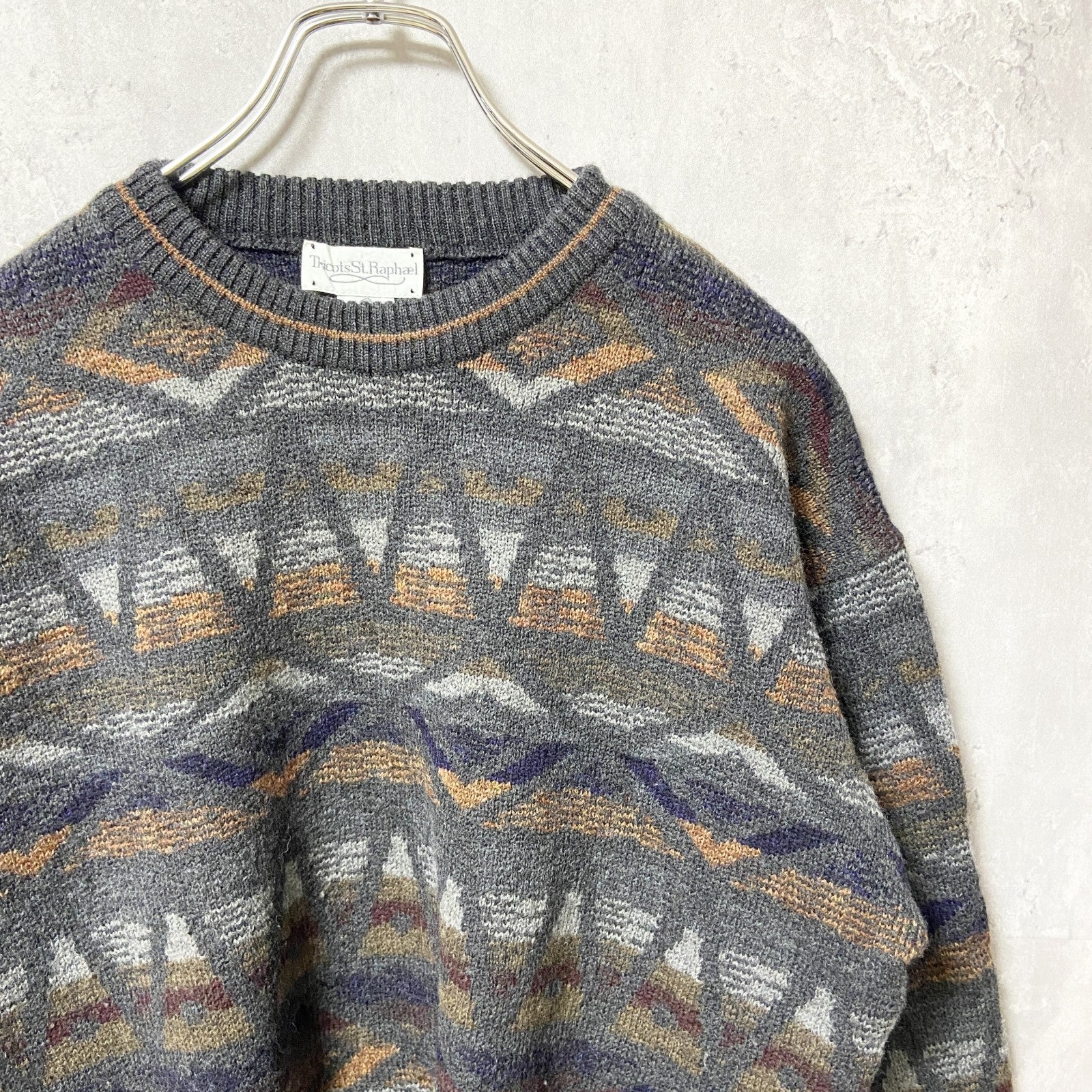 ～90s　Tricots St Raphael 　ウールニットセーター　総柄　ヴィンテージ　グレー　Lサイズ