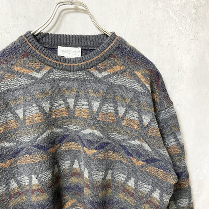 ～90s　Tricots St Raphael 　ウールニットセーター　総柄　ヴィンテージ　グレー　Lサイズ