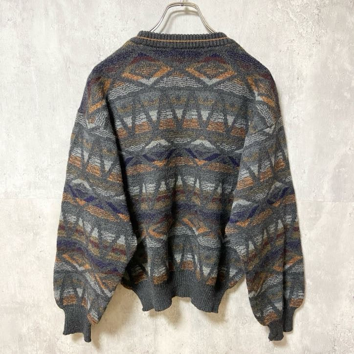 ～90s　Tricots St Raphael 　ウールニットセーター　総柄　ヴィンテージ　グレー　Lサイズ