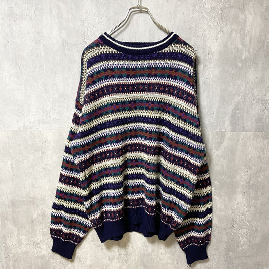 ～90s　TREND BASICS　アクリルニットセーター　ボーダー柄　総柄　ヴィンテージ　紺　ネイビー　XLサイズ