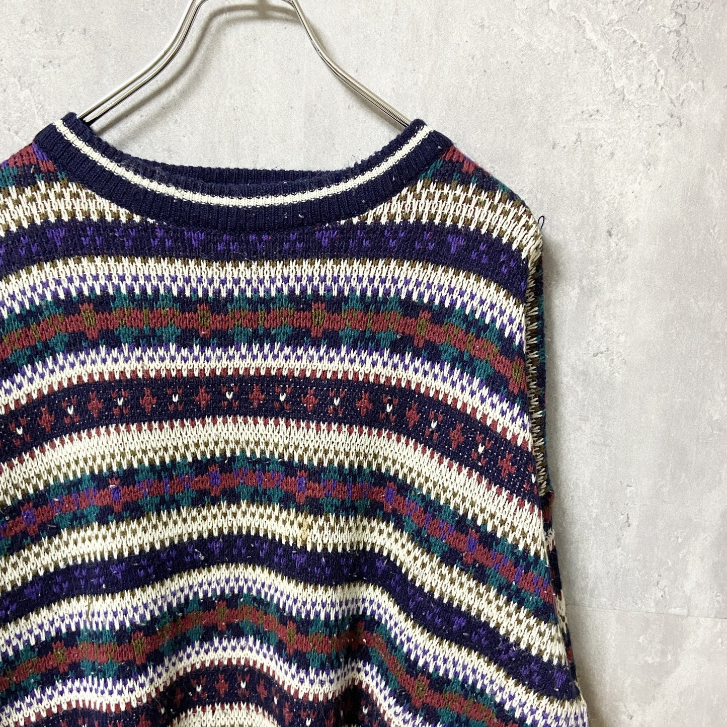 ～90s　TREND BASICS　アクリルニットセーター　ボーダー柄　総柄　ヴィンテージ　紺　ネイビー　XLサイズ