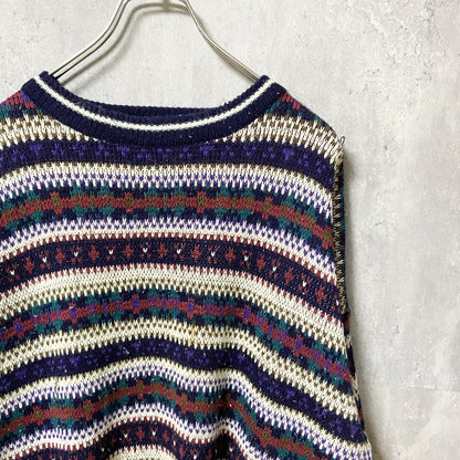 ～90s　TREND BASICS　アクリルニットセーター　ボーダー柄　総柄　ヴィンテージ　紺　ネイビー　XLサイズ