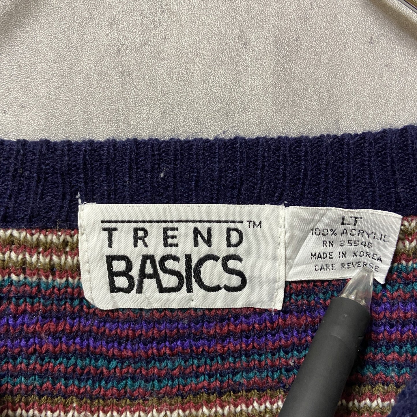 ～90s　TREND BASICS　アクリルニットセーター　ボーダー柄　総柄　ヴィンテージ　紺　ネイビー　XLサイズ