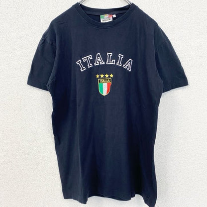 古着 used　半袖刺Tシャツ　ITALIA　イタリア　国旗　クルーネック　レトロデザイン　紺　ネイビー　Lサイズ