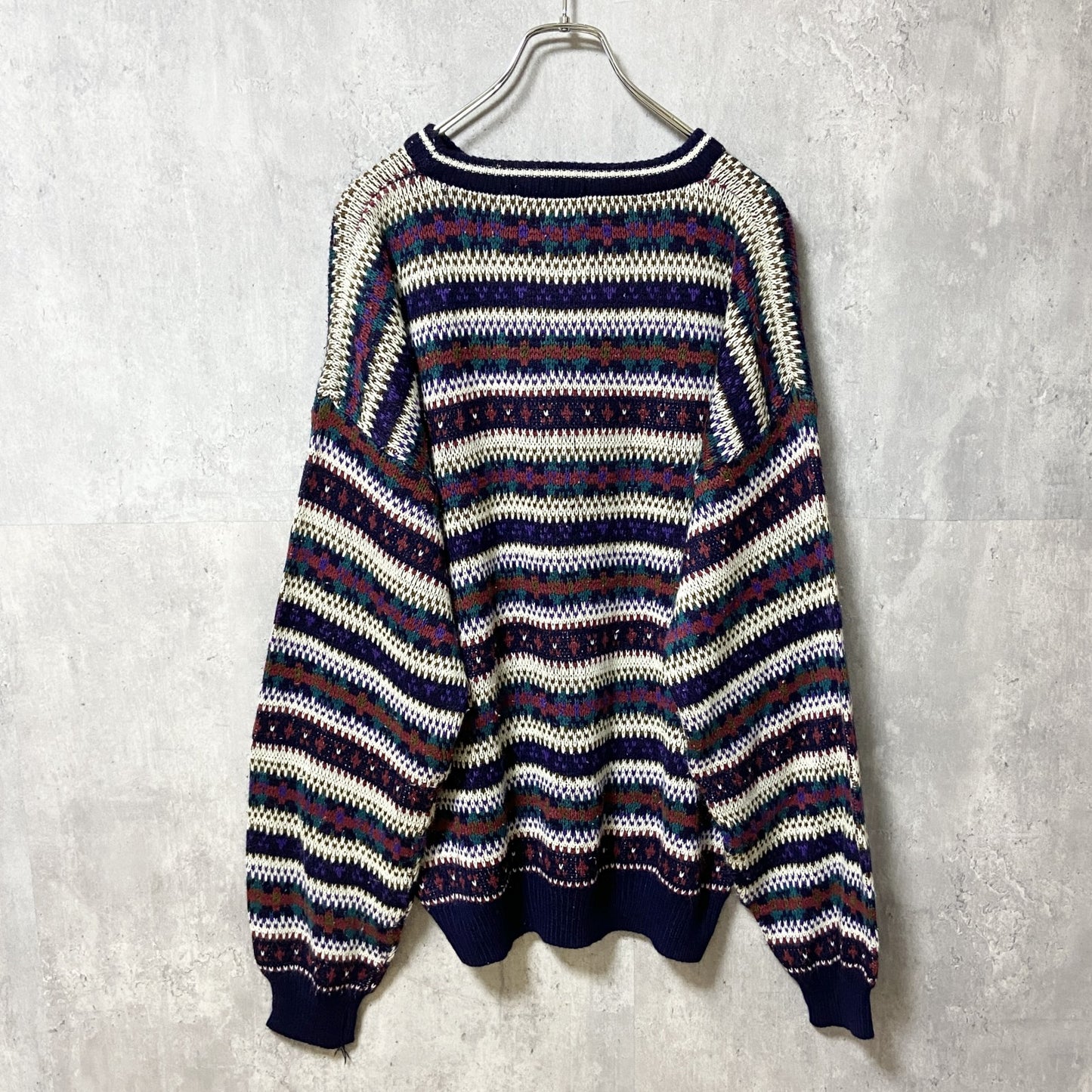 ～90s　TREND BASICS　アクリルニットセーター　ボーダー柄　総柄　ヴィンテージ　紺　ネイビー　XLサイズ
