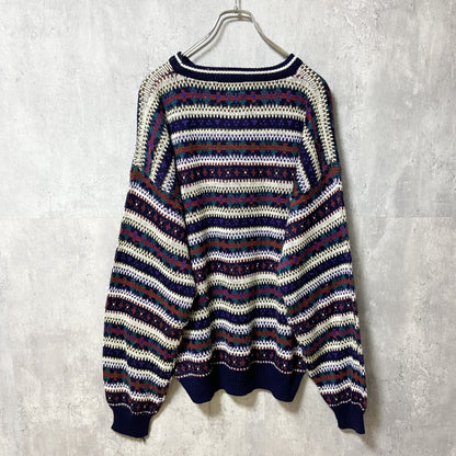 ～90s　TREND BASICS　アクリルニットセーター　ボーダー柄　総柄　ヴィンテージ　紺　ネイビー　XLサイズ