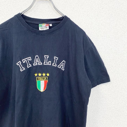 古着 used　半袖刺Tシャツ　ITALIA　イタリア　国旗　クルーネック　レトロデザイン　紺　ネイビー　Lサイズ