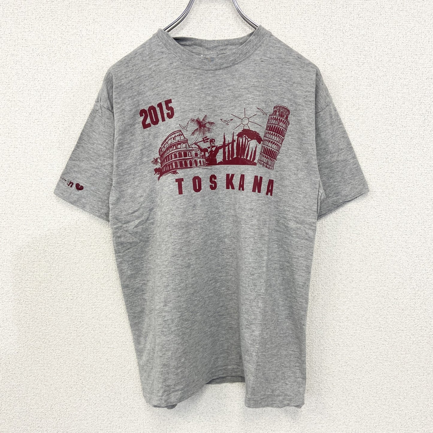 古着 used　sg　半袖プリントTシャツ　TOSKANA　2015　カジュアルデザイン　クルーネック　レトロ　グレー　Sサイズ