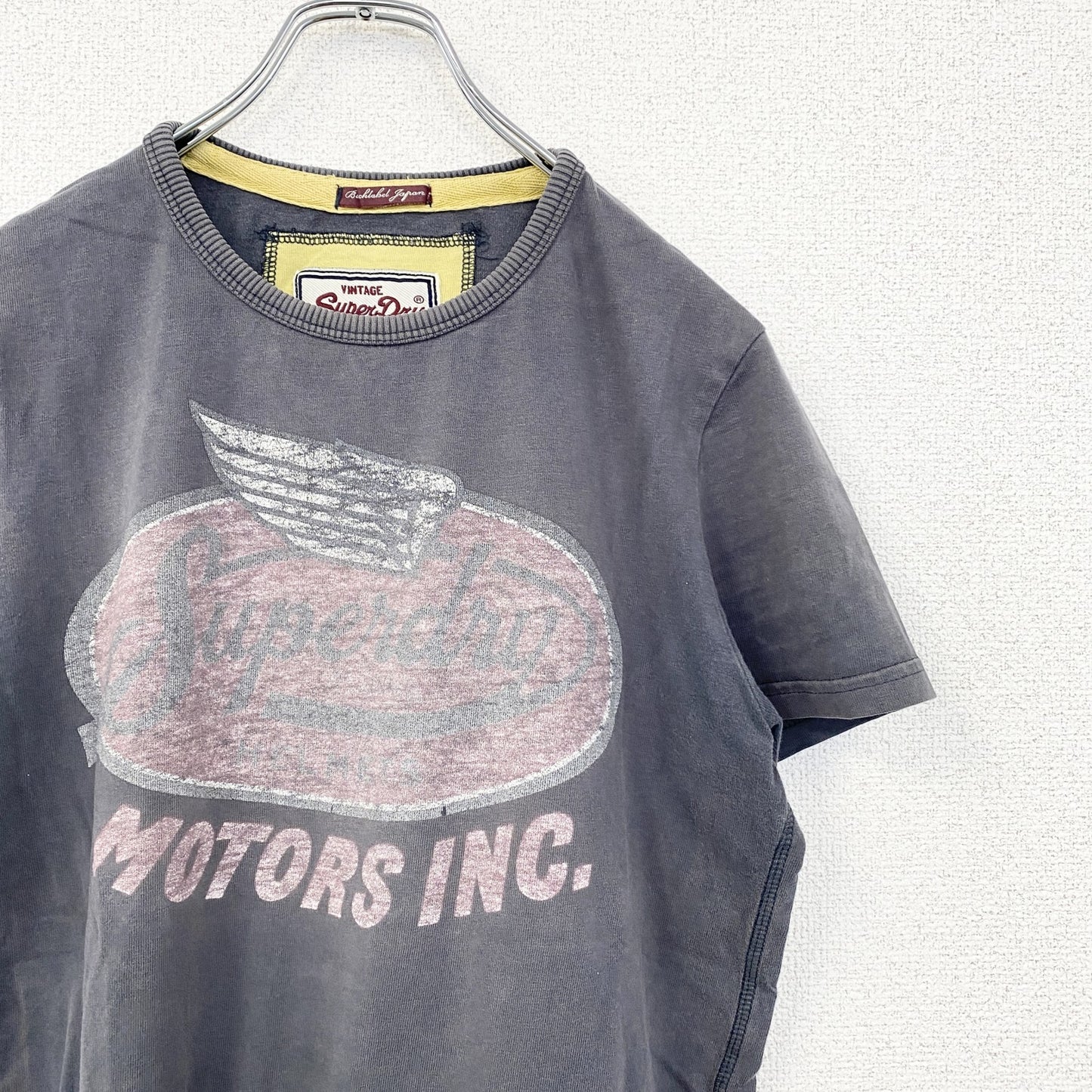 古着 used　SuperDry　極度乾燥　半袖プリントTシャツ　レトロデザイン　クルーネック　灰　グレー　Sサイズ
