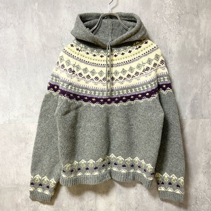 ～90s　North Crest　長袖ニットパーカー　セーター　求心　ノルディック柄　フード　グレー　秋冬服