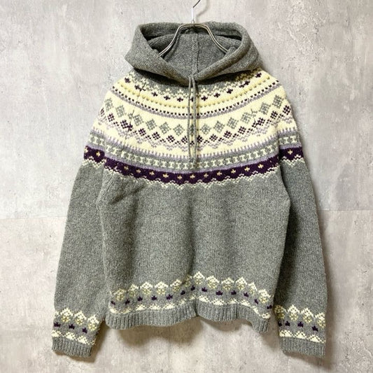 ～90s　North Crest　長袖ニットパーカー　セーター　求心　ノルディック柄　フード　グレー　秋冬服