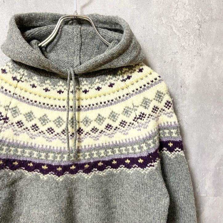 ～90s　North Crest　長袖ニットパーカー　セーター　求心　ノルディック柄　フード　グレー　秋冬服