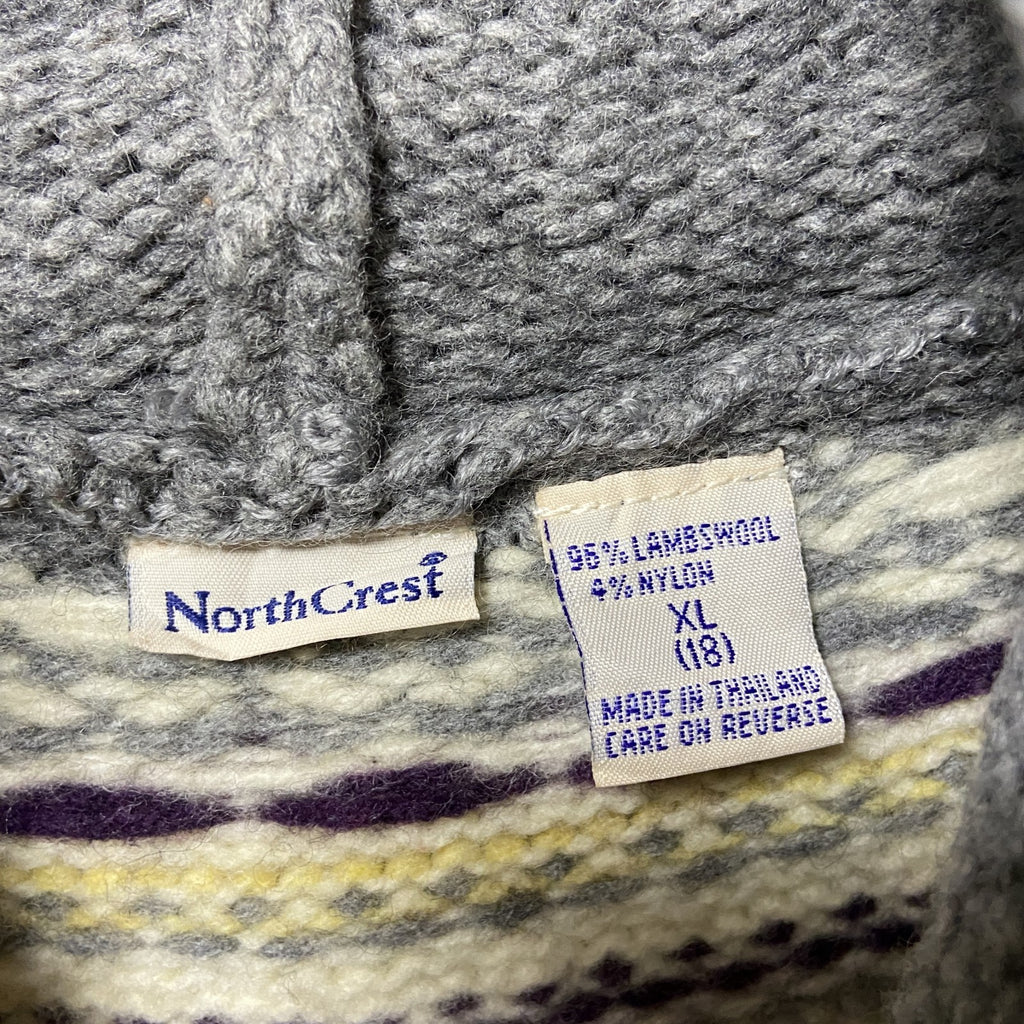 ～90s　North Crest　長袖ニットパーカー　セーター　求心　ノルディック柄　フード　グレー　秋冬服