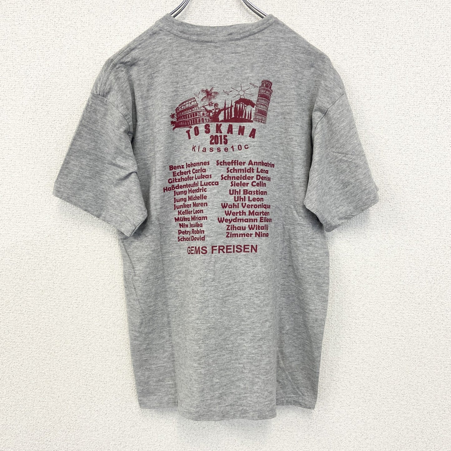 古着 used　sg　半袖プリントTシャツ　TOSKANA　2015　カジュアルデザイン　クルーネック　レトロ　グレー　Sサイズ