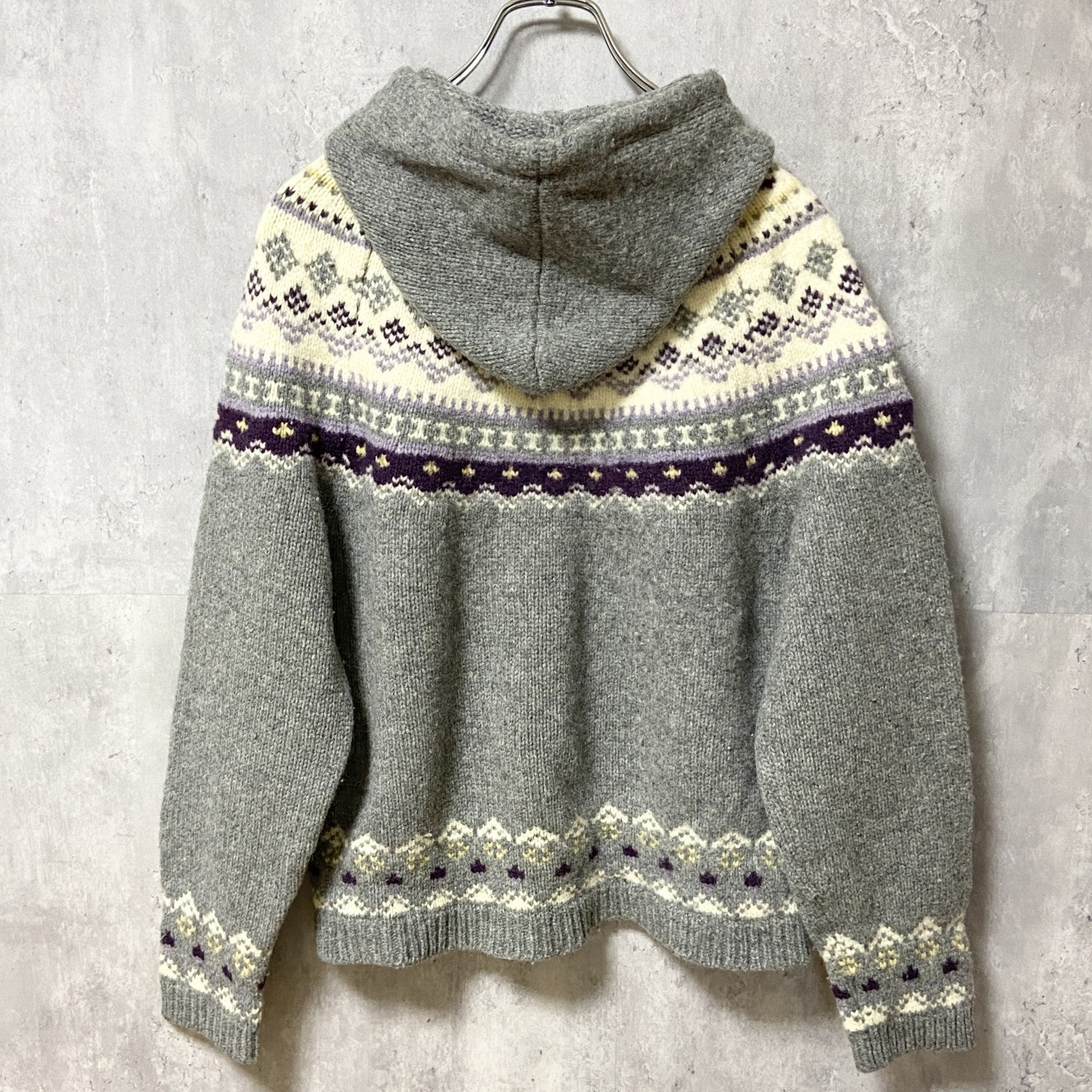 ～90s　North Crest　長袖ニットパーカー　セーター　求心　ノルディック柄　フード　グレー　秋冬服