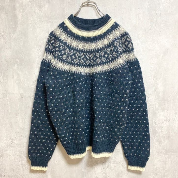 ～90s　FORRESTEL　長袖ノルディックニット　セーター　レトロデザイン　緑　グリーン　白　秋冬服　Mサイズ