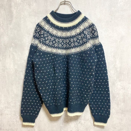 ～90s　FORRESTEL　長袖ノルディックニット　セーター　レトロデザイン　緑　グリーン　白　秋冬服　Mサイズ