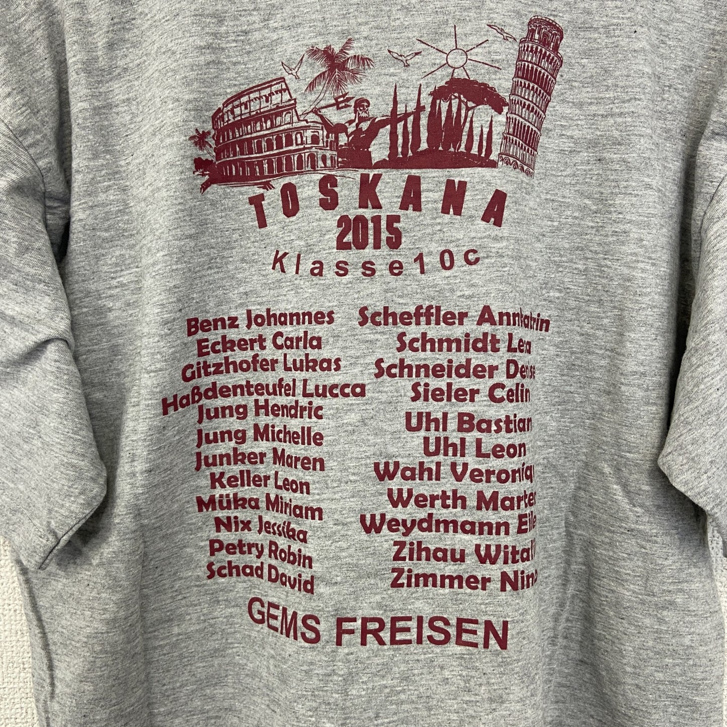 古着 used　sg　半袖プリントTシャツ　TOSKANA　2015　カジュアルデザイン　クルーネック　レトロ　グレー　Sサイズ