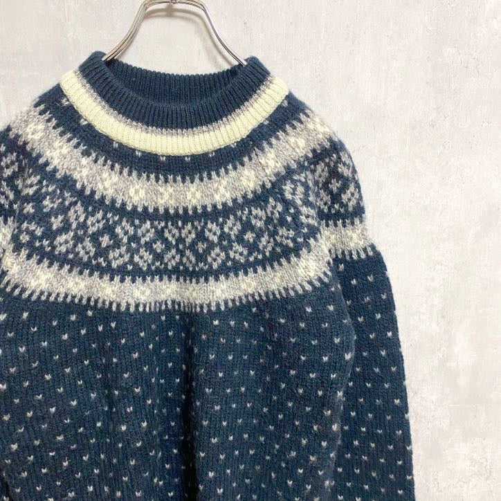 ～90s　FORRESTEL　長袖ノルディックニット　セーター　レトロデザイン　緑　グリーン　白　秋冬服　Mサイズ