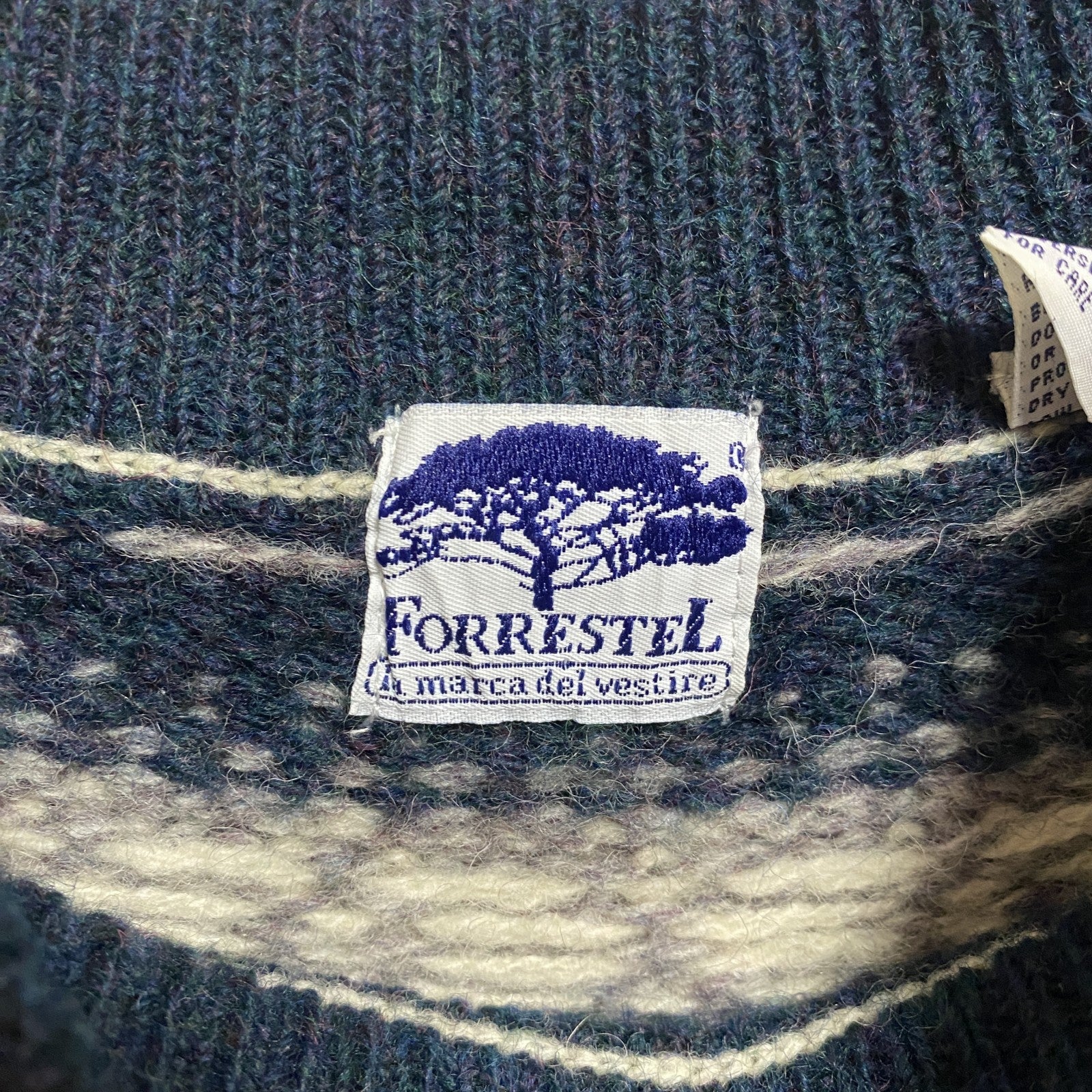 ～90s　FORRESTEL　長袖ノルディックニット　セーター　レトロデザイン　緑　グリーン　白　秋冬服　Mサイズ