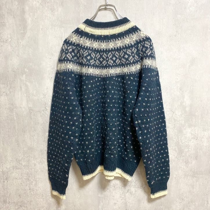 ～90s　FORRESTEL　長袖ノルディックニット　セーター　レトロデザイン　緑　グリーン　白　秋冬服　Mサイズ