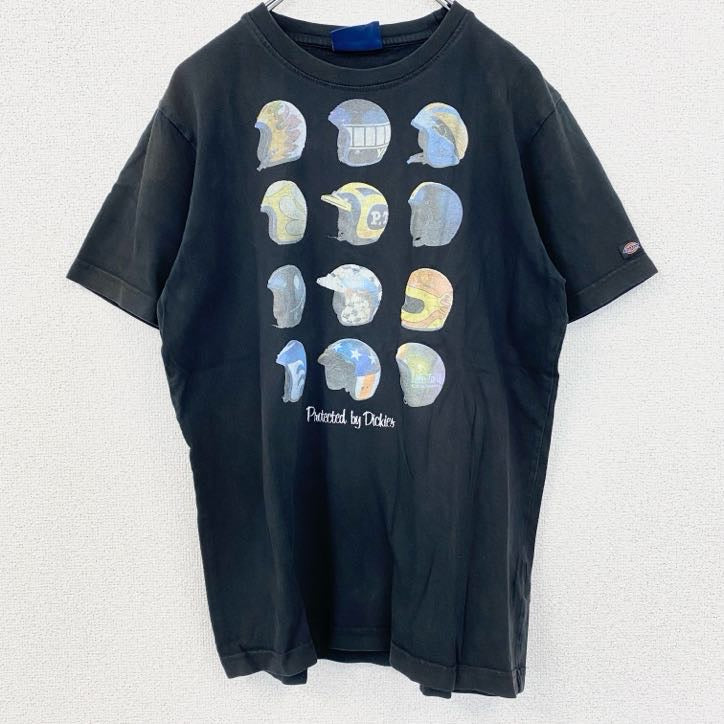 古着 used　Dickies　ディッキーズ　半袖プリントTシャツ　レトロ　クルーネック　ヘルメット　黒　ブラック　Mサイズ