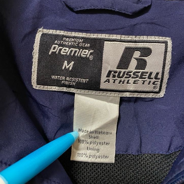 古着 used　RUSSELL ATHLETIC　長袖フルジップナイロンジャケット　刺繍デザイン　ネイビー　紺　Mサイズ