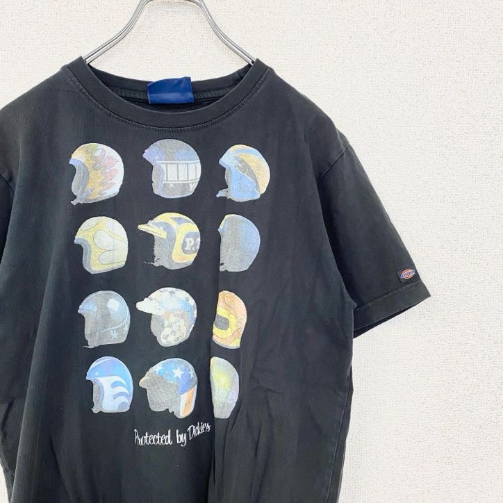 古着 used　Dickies　ディッキーズ　半袖プリントTシャツ　レトロ　クルーネック　ヘルメット　黒　ブラック　Mサイズ