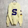 古着 used　60s　70s　長袖レタードニット　セーター　ヴィンテージ　S　Vネック　アイボリー　秋冬服　Lサイズ